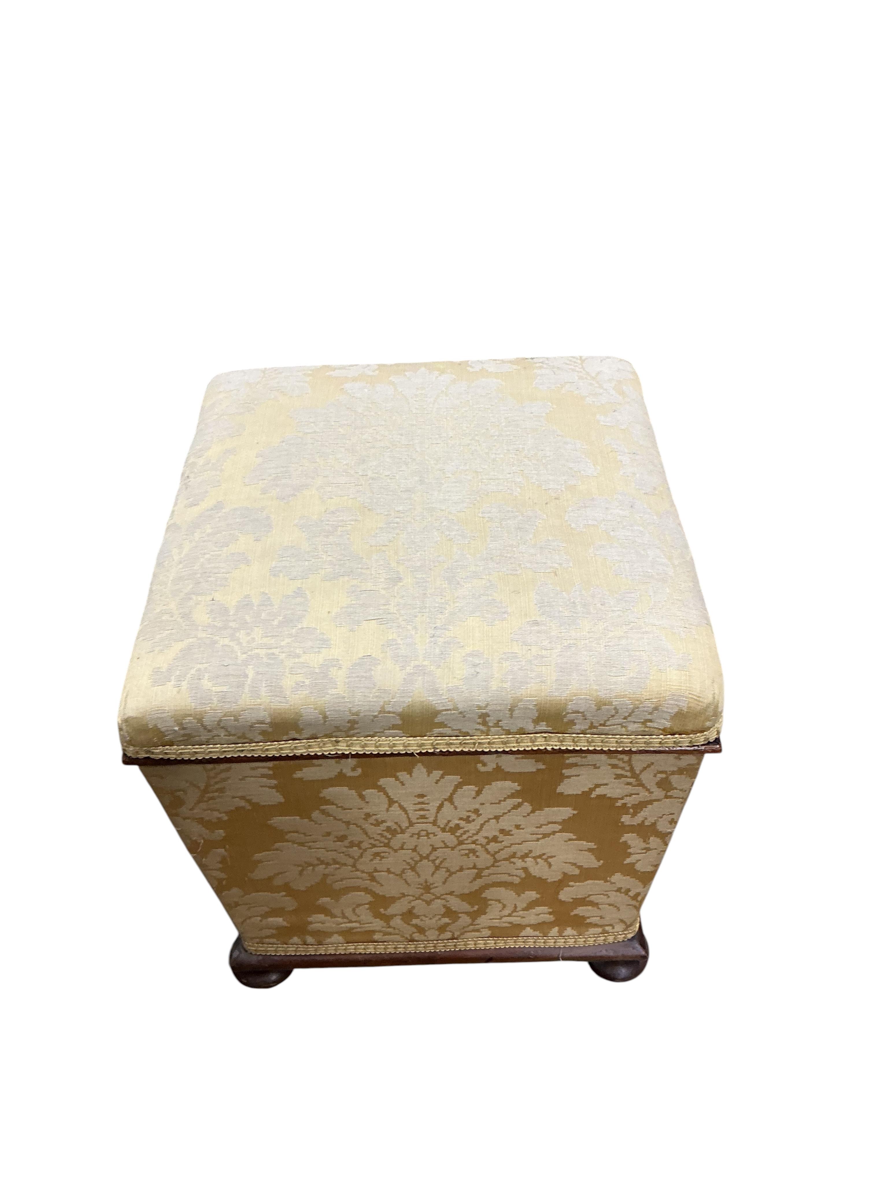 A pair of Victorian square upholstered box seat stools, width 40cm, height 43cm